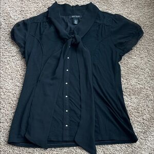 WHBM Black Tie-Front Blouse Lace Trim Back Size M